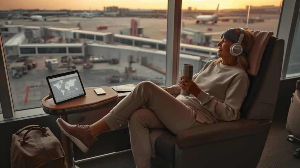 Mulher relaxada em assento premium de aeroporto ao entardecer, com produtos para viagem como máscara de dormir e fones, olhando aviões pela janela. Tablet mostra mapa mundi. Transmite conforto e praticidade em viagem internacional.